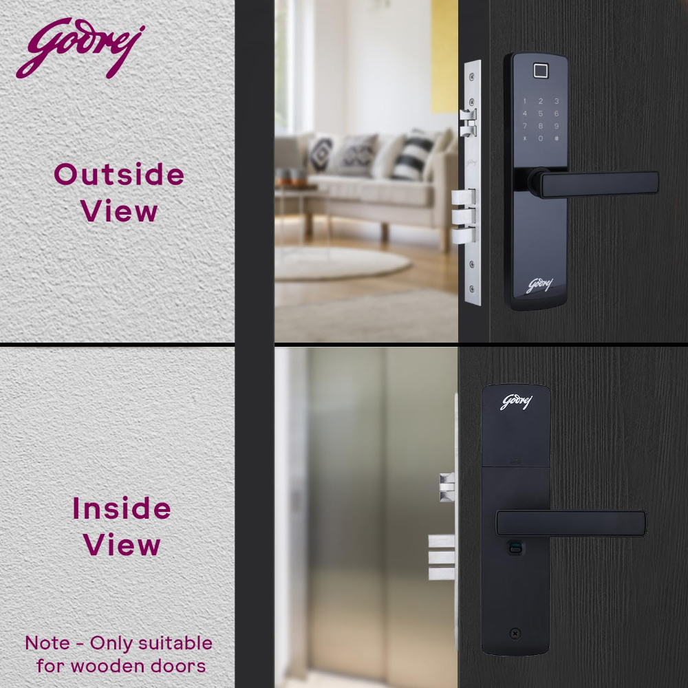 Godrej Smart Lock I Catus Connect I Digital Lock for Wooden Door |5 in 1 Access IWiFi I Fingerprint I RFID Card I PIN Access I Mechanical KeyI 3 Dead Bolts I Black I 3 Yrs Warranty| Free Installation